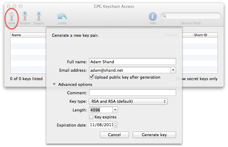  Generating a new key with GPG Suite.